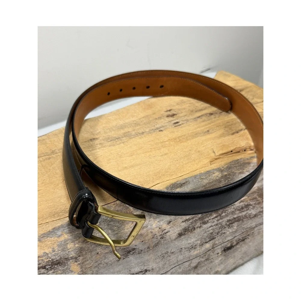 Trafalgar Cortina Mens 38 Black LeatherY2K Dress Belt Brass Buckle USA Old Money